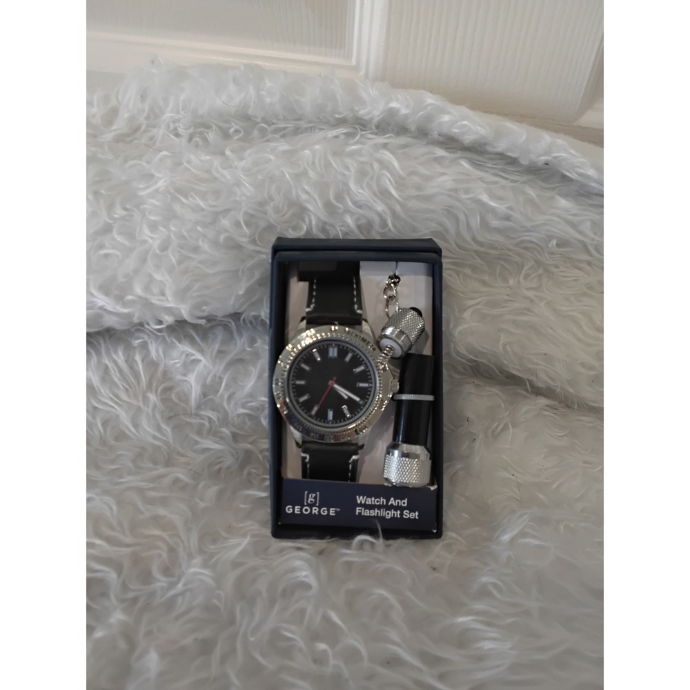 George Men's Watch and Keychain Flashlight Gift‎ Set Black Strap Silver Bezel